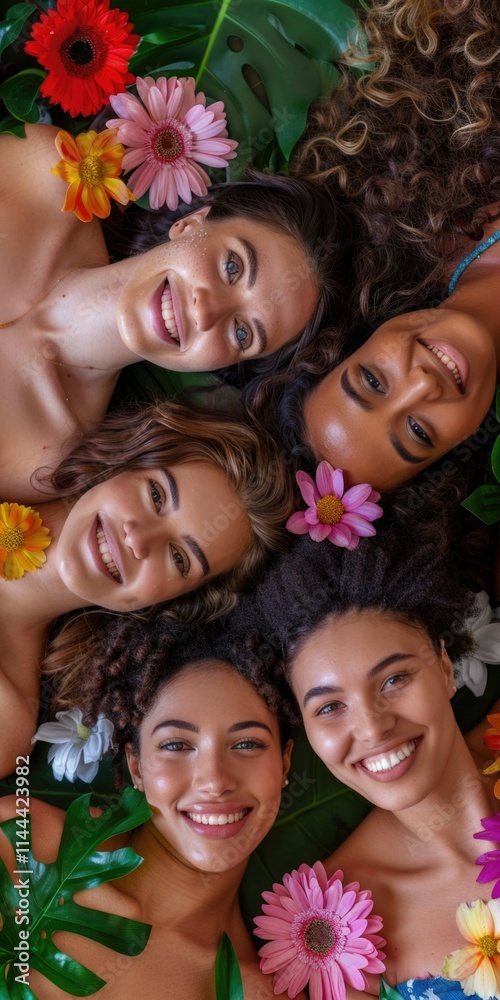 Women Happy Spa Top View. Diversity of Women with Flowers on Studio Background, Empowerment and Self Love Women Happy Spa Top View. Diversity of Women with Flowers on Studio Background, Empowerment and Self Love