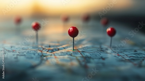 Location pin highlighting urban area at sunset with city skyline in the background showcasing vibrant colors and