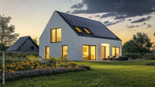 Modern house with solar panels illuminated at dusk in a serene garden setting...