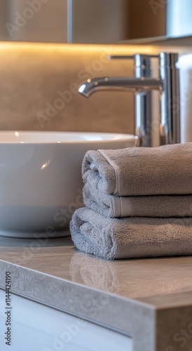 Elegant bathroom setup with neatly stacked gray towels beside a modern sink o...