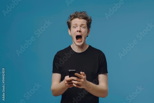 Young man shocked by unbelievable shopping prices on phone.