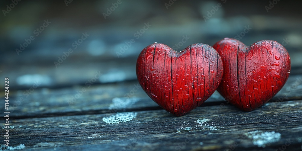 Fototapeta premium Red Wooden Hearts on Wooden Table with Soft-Focus Romantic Background – Valentine's Day Celebration Banner