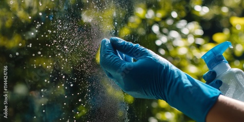 Cleaning a window with a blue cloth while wearing gloves in a sunny garden photo