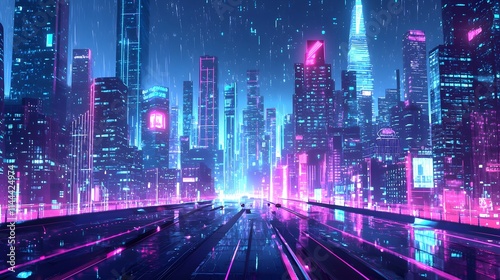 This sentence captures the essence of a city at night, emphasizing the energy and dynamism of the scene