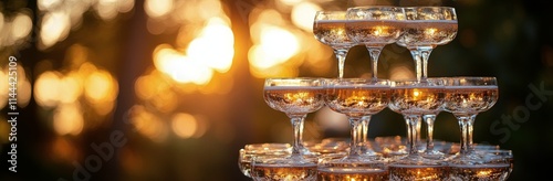 Sparkling champagne flutes arranged elegantly at sunset, celebrating a specia...