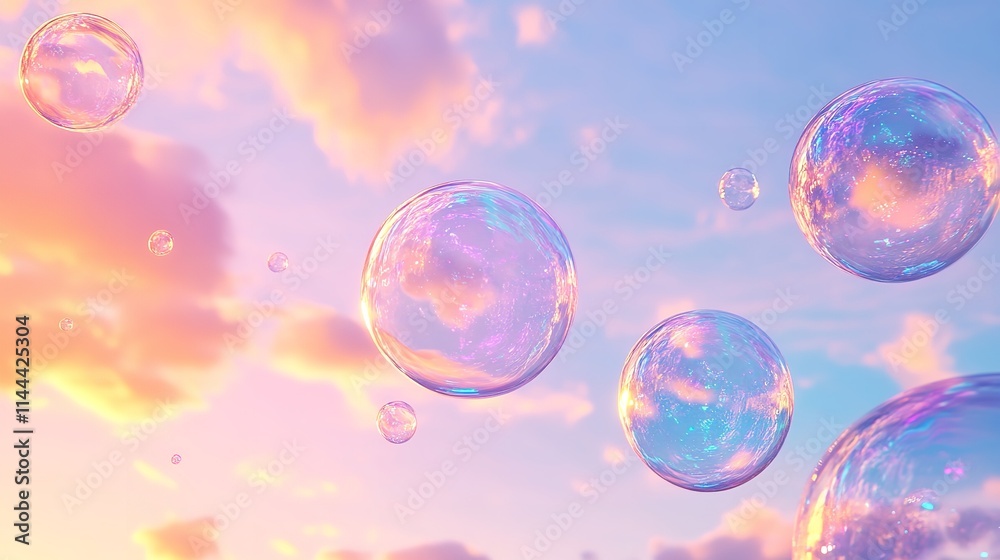Floating Bubbles, Colorful Soap Bubbles Against a Soft, Gradient Sunset Sky Floating Bubbles, Colorful Soap Bubbles Against a Soft, Gradient Sunset Sky