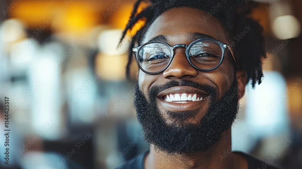 Fototapeta premium Smiling man with glasses in a relaxed setting.