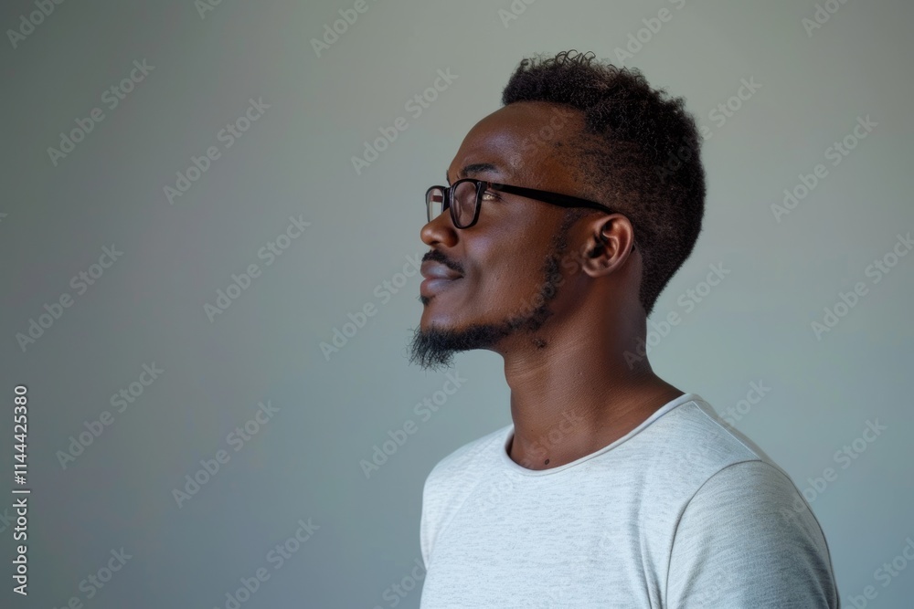 Obraz premium Confident young African American man in casual attire and glasses.