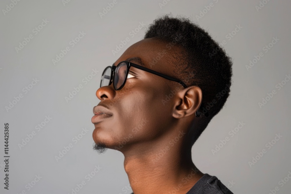 Confident young African American man in casual attire and glasses.