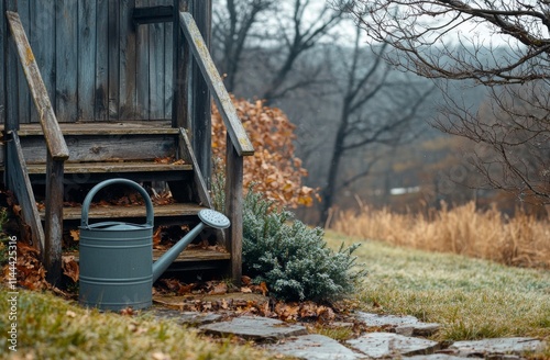 Watering can placed near a small snow-dusted pine tree by rustic wooden stair...