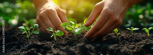 Hands nurturing young plants in a garden bed during golden hour showcases the...