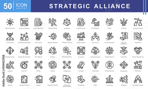 trategic alliance icon collection set. Containing partnership, collaboration, joint venture, cooperative agreement, synergy, shared objective, mutual benefit icon.