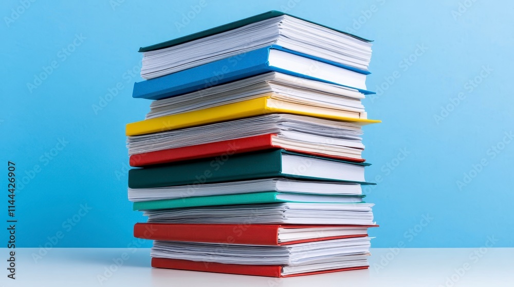 A colorful stack of notebooks arranged neatly against a light blue background, showcasing various patterns and colors. A colorful stack of notebooks arranged neatly against a light blue background, showcasing various patterns and colors.