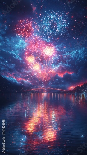 Vibrant Fireworks Reflecting on Calm Waters under Illuminated Night Sky