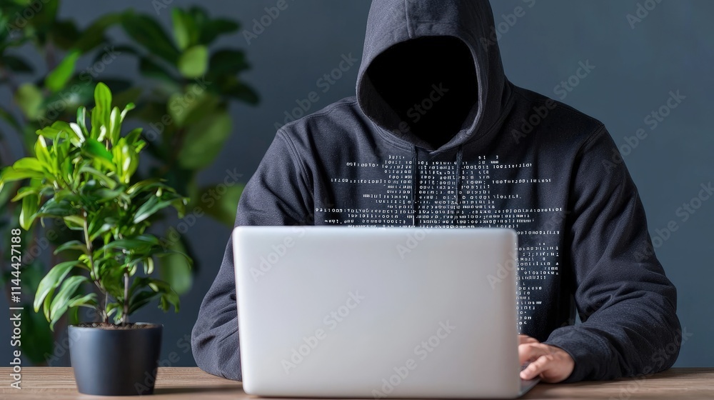 Anonymous hooded figure using laptop. Anonymous hooded figure using laptop.