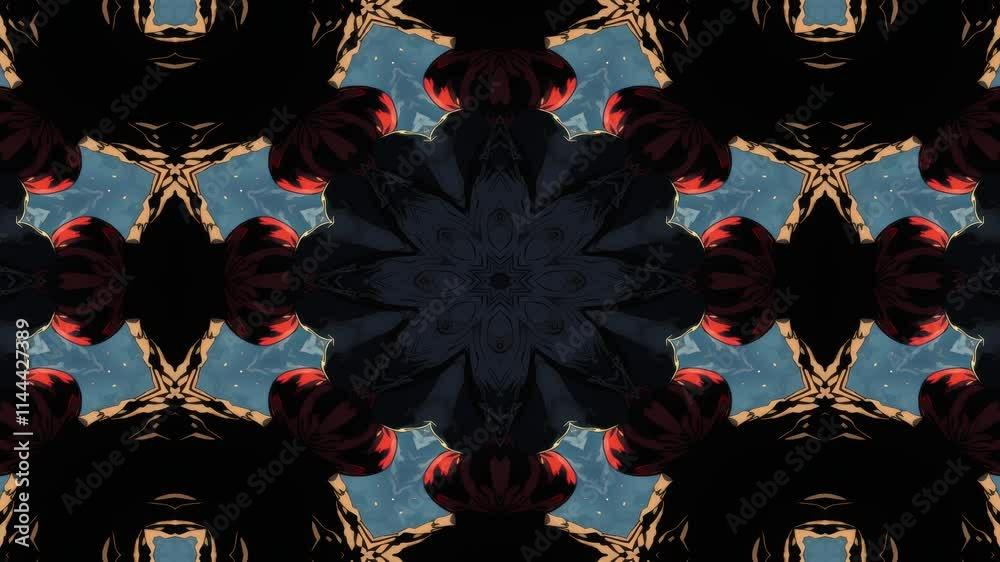 A symmetrical, kaleidoscopic design featuring abstract figures and warm colors.