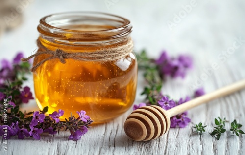 Honey jar surrounded by fresh purple flowers and a wooden dipper on a rustic ...