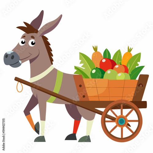 A hardworking mule pulling a small wooden cart filled with fresh vegetables ,whit background