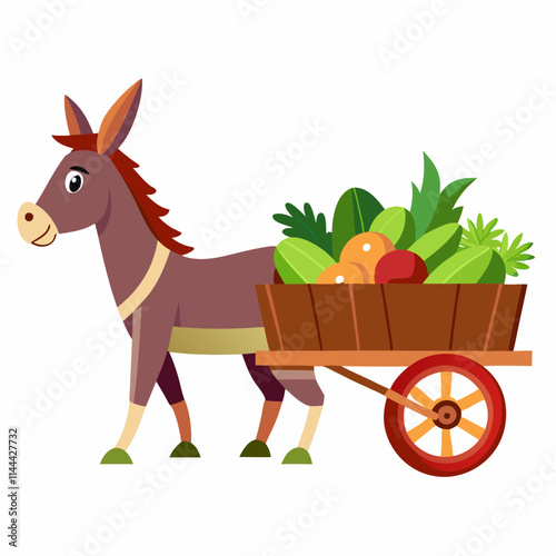 A hardworking mule pulling a small wooden cart filled with fresh vegetables ,whit background