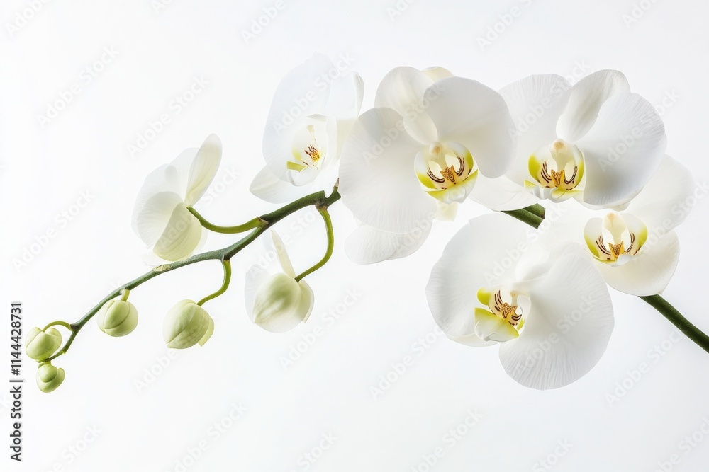 Obraz premium close up of a white orchid with green buds against a white background