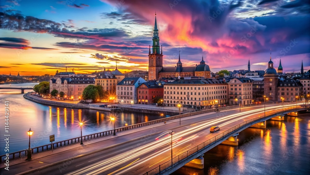 Naklejka premium Stockholm Gamla Stan Sunset Time-Lapse: Night Photography, Riddarholm Church, Old Town Bridges