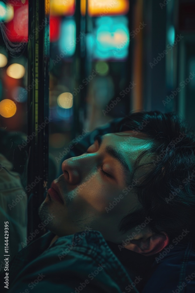 A man resting his head on the window of a city bus, capturing the exhaustion and peacefulness amidst urban commuting. A man resting his head on the window of a city bus, capturing the exhaustion and peacefulness amidst urban commuting.