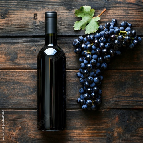 Dark glass wine bottle next to a bunch of ripe purple grapes on a rustic wood...