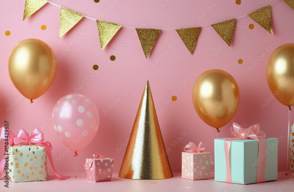 Obraz premium Festive celebration decorations with balloons, gifts, and a party hat set against a pink backdrop in a cheerful
