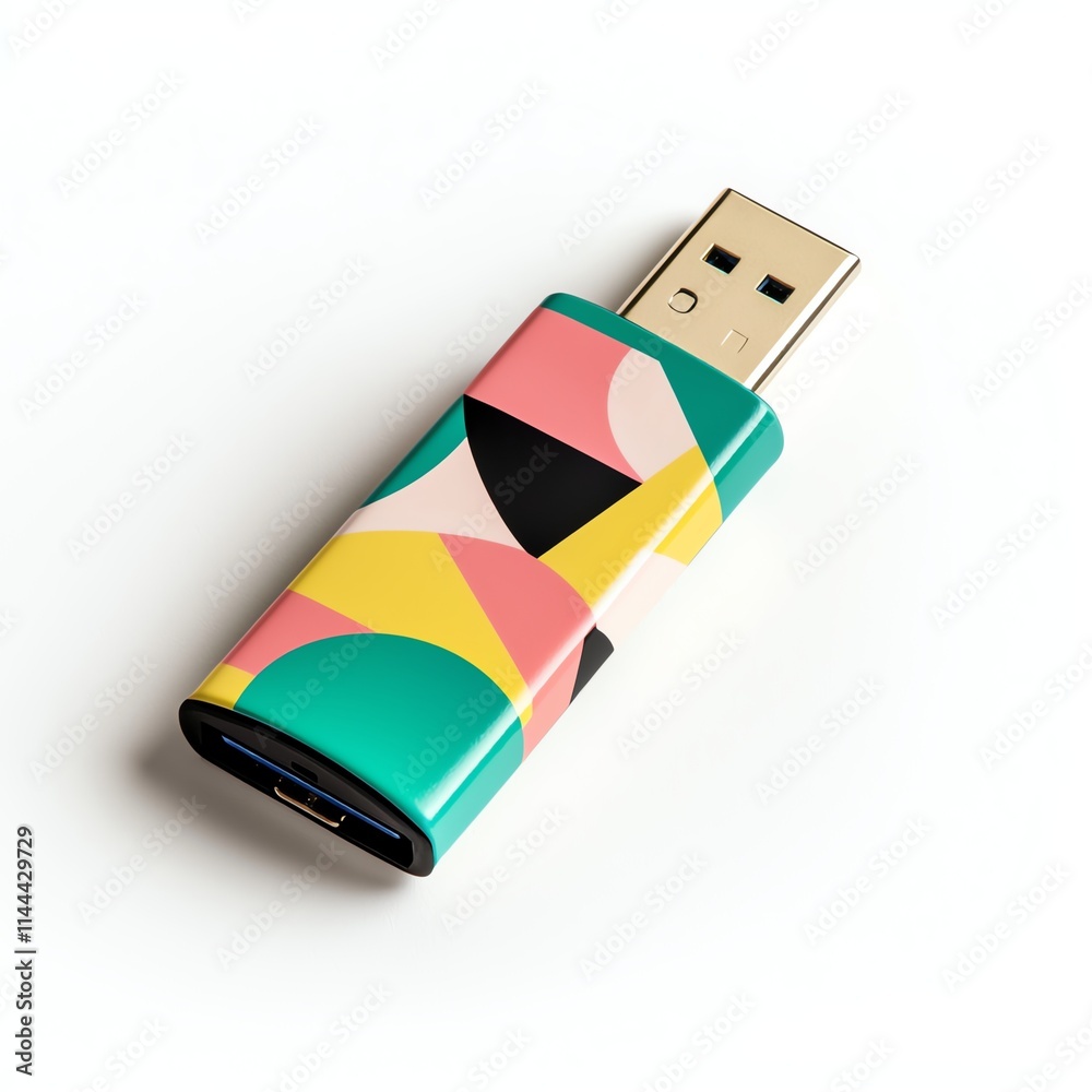 A colorful USB drive featuring an abstract design with geometric patterns and vibrant colors. A colorful USB drive featuring an abstract design with geometric patterns and vibrant colors.