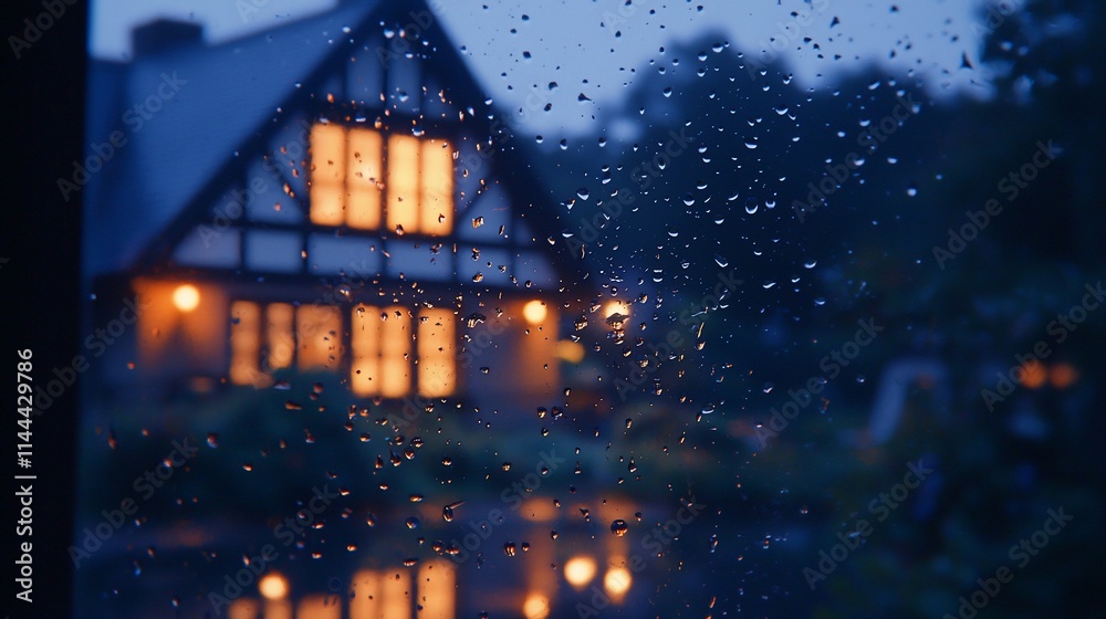 Naklejka premium Rain-streaked window view of a cozy, illuminated house at twilight.