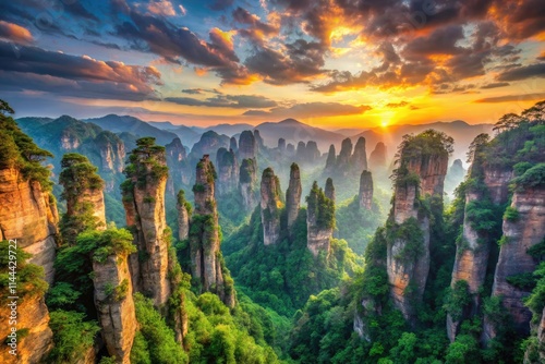 Surreal Zhangjiajie Mountains: Fantasy Landscape, China's Avatar Mountains, Dreamlike Scenery, Hunan Province, Mystical Peaks,  Epic Nature Photography