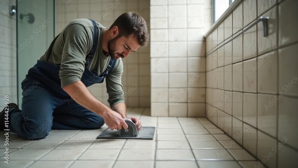 Fototapeta premium A young Caucasian man kneels, meticulously installing tiles in a bathroom. His focused expression and the neutral color palette create a mood of quiet concentration and precision.