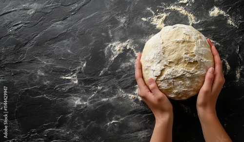 Freshly baked artisanal bread being held by hands against a dark, textured su...