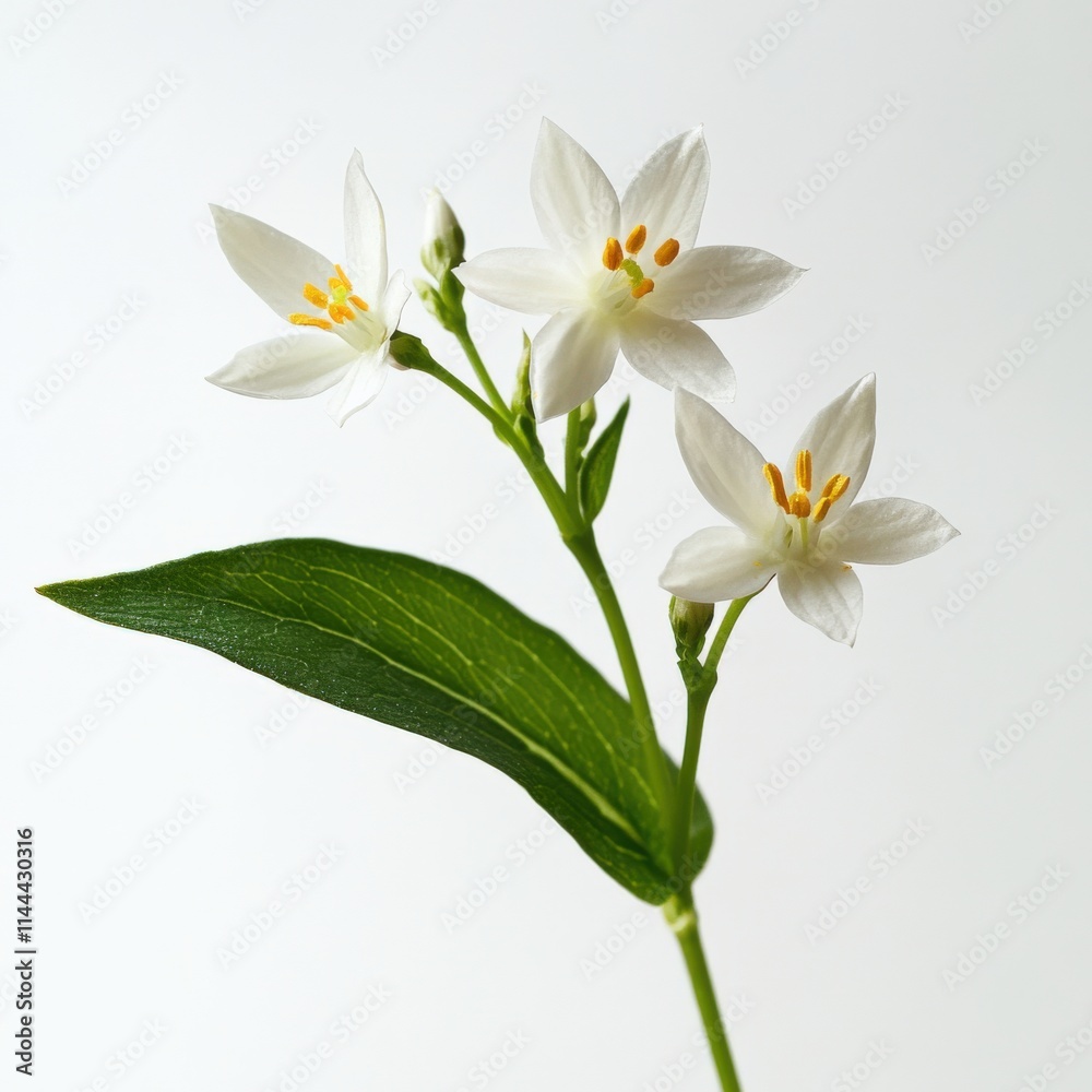 close up of flowering plant with white blossoms and green leaves on white background close up of flowering plant with white blossoms and green leaves on white background