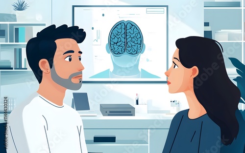 A serene scene depicting a thoughtful conversation between a man and a woman in an office setting, with a brain diagram in the background, symbolizing mental health and introspecti photo