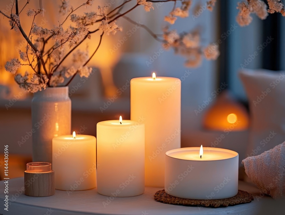 Candle set with vibrant lighting, soft glow, cozy home atmosphere Candle set with vibrant lighting, soft glow, cozy home atmosphere
