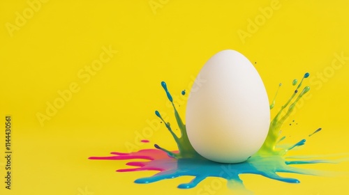 White Egg Surrounded by Colorful Paint Splashes on Bright Yellow Background photo