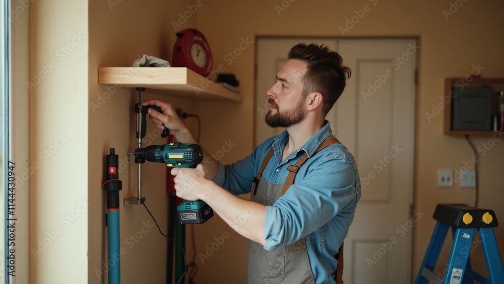 A man installs a wooden shelf using a cordless drill. He's wearing a denim shirt and an apron, concentrating on his task. A man installs a wooden shelf using a cordless drill. He's wearing a denim shirt and an apron, concentrating on his task.