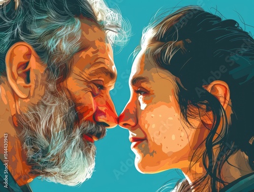 Man and woman are kissing each other's noses. The man is older and the woman is younger