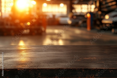 Sunset light casts warm glow in an auto repair shop with vehicles in the background photo