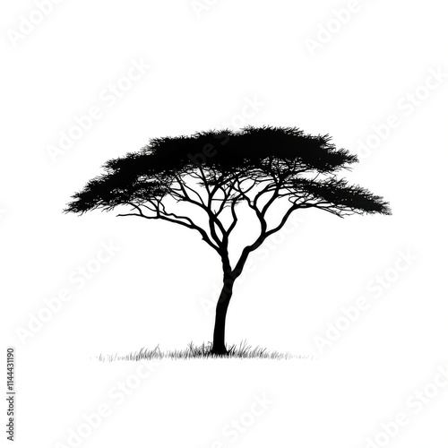 Silhouette of acacia tree on white background.