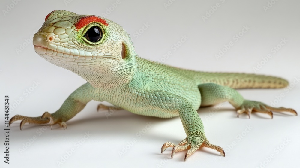 Naklejka premium a green lizard with red markings sits on a white background