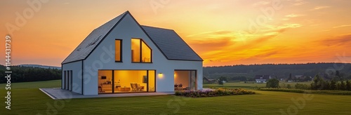 Modern house surrounded by green landscape at sunset with warm light illumina...