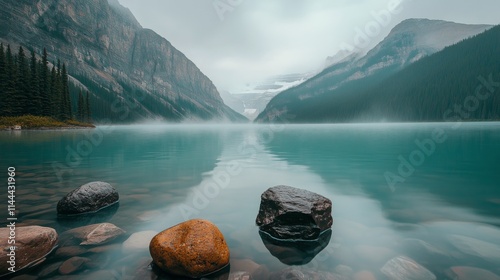Stunning view of tranquil lake surrounded by mountains and misty clouds durin...