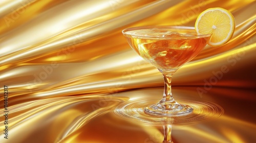 Refreshing cocktail with orange slice garnishing a glass on shimmering golden...