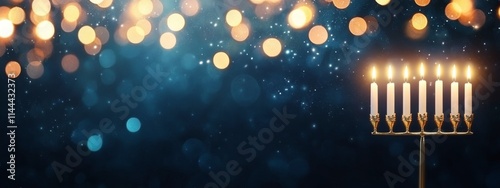 Celebration of lights with a menorah and candle against a starry night backgr...