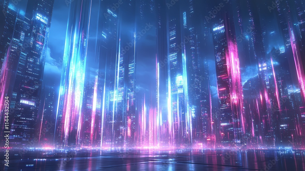 Futuristic city illuminated by glowing data cables and abstract patterns. Generative AI.