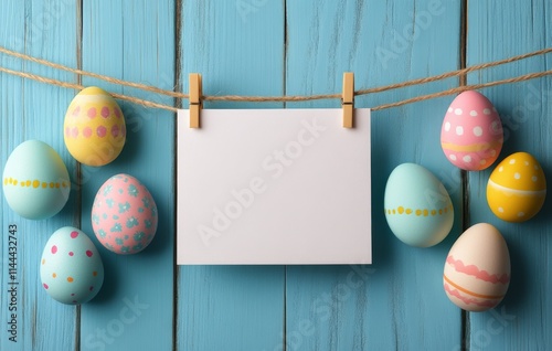 Colorful Easter eggs arranged on a blue wooden table with a blank card hangin...