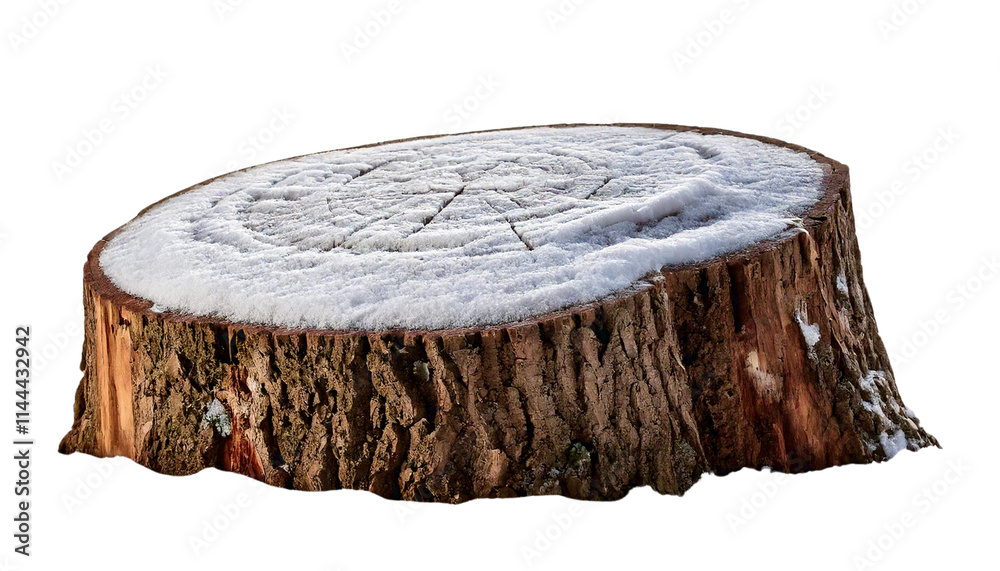 Snow-Covered Tree Stump Against a White Backdrop Snow-Covered Tree Stump Against a White Backdrop