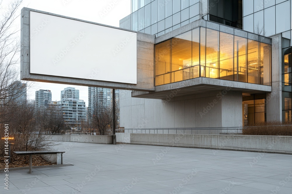 Naklejka premium Urban architecture featuring a modern building with a blank billboard during twilight hours in an outdoor plaza